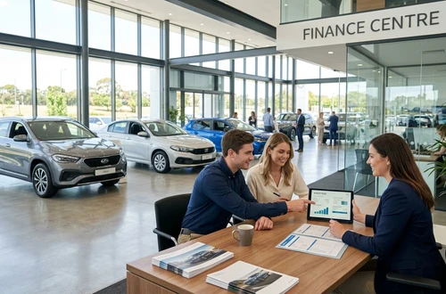 DriveWise lending specialist reviewing a car loan application with a client in a bright modern office